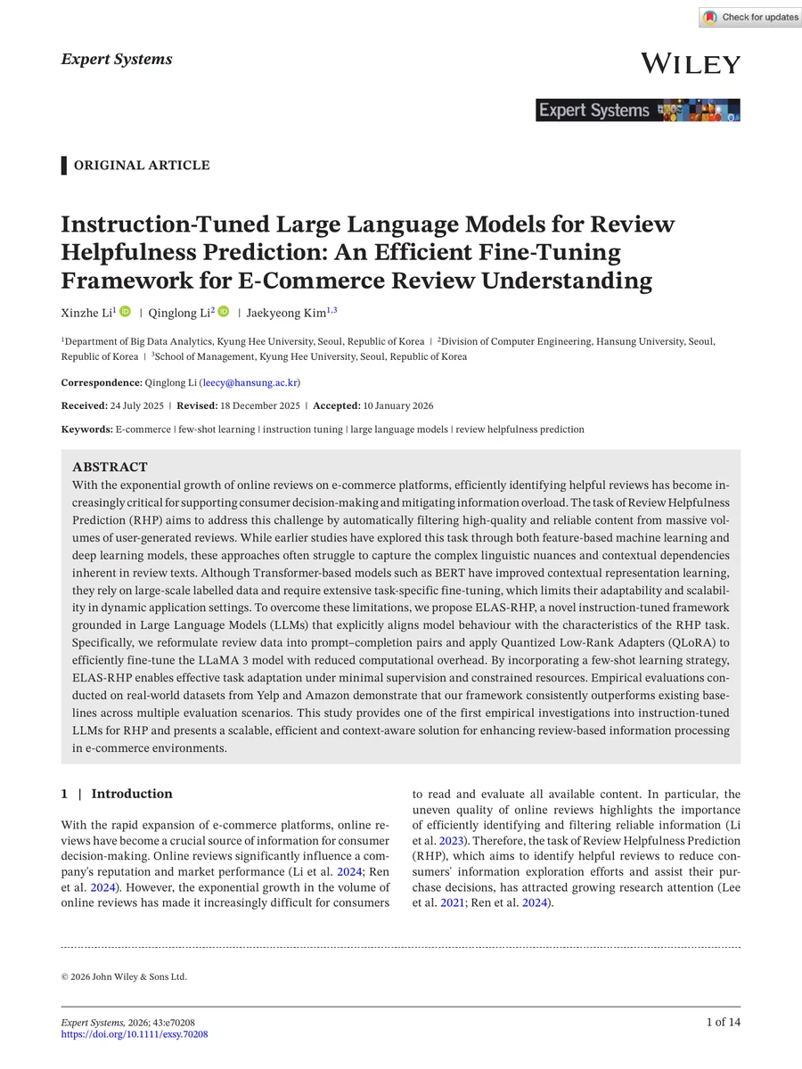 First page of the Expert Systems paper on instruction tuned large language models