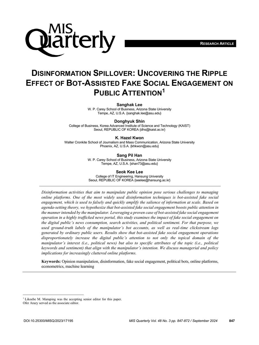 First page of the MIS Quarterly paper on disinformation spillover