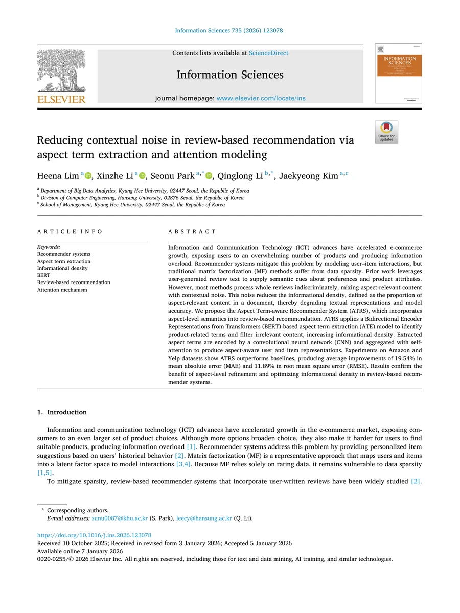 First page of the Information Sciences paper on review based recommendation