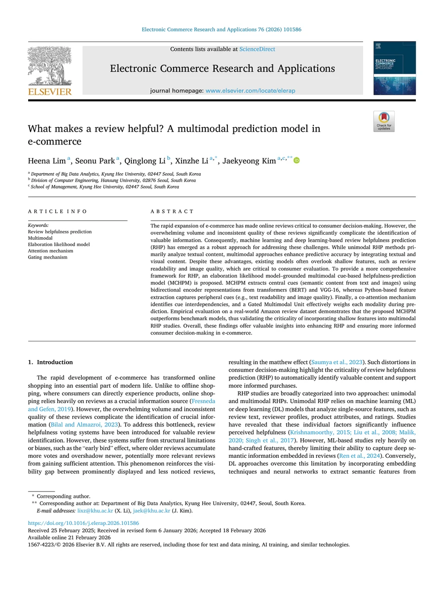First page of the Electronic Commerce Research and Applications paper on multimodal review helpfulness